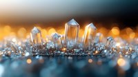 Glowing crystal formations with golden bokeh lights create magical atmosphere on dark background. Natural quartz clusters shine with ethereal illumination.