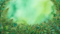 Watercolor green background with ornamental golden foliage border, isolated on transparent backdrop. Suitable for invitations, greeting cards, web design, and decorative projects.