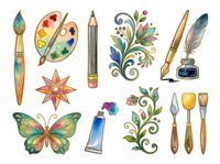 Artist supplies and creative tools collection featuring paintbrushes, palette, pencil, feather quill, ink bottle, paint tube, butterfly, star, and various painting utensils isolated on white background for design projects.
