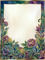 Ornate floral frame with purple peonies, gold scrollwork, and jewel-toned watercolor border on cream background. Isolated design ready for invitations, certificates, and greeting cards.