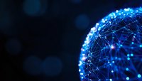 Glowing blue network sphere with connected dots and lines on dark background illustrates global connectivity and digital transformation concepts.