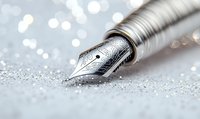 Elegant fountain pen nib with ornate engraving on silver glitter background, macro photography showing fine metallic details and bokeh light effects.
