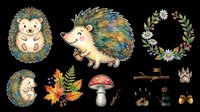 Hedgehog character collection with autumn foliage, mushroom, and forest elements isolated on transparent background. Ready for t-shirt design, clipart, stickers, print-on-demand products, and sublimation projects.