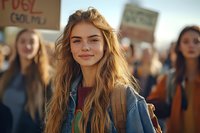 Young female activist with long wavy hair and natural makeup smiling at climate protest rally, wearing casual denim jacket and backpack, warm sunset lighting.