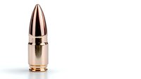 Copper-plated ammunition bullet isolated on white background, showing detailed metallic texture and precision manufacturing for military and defense concepts.