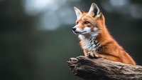 Red fox with bright orange fur resting on fallen tree trunk in forest, side profile view against blurred natural background, wildlife photography.
