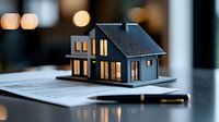 Modern residential house model with warm glowing windows on contract papers, real estate concept with bokeh background, architectural miniature on desk.