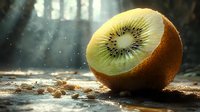 Fresh cut kiwi fruit on rustic wooden surface with dramatic lighting and bokeh background, showcasing juicy flesh and distinctive seed pattern in macro detail.