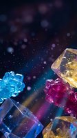 Colorful crystal gems with magical bokeh lights on dark cosmic background for luxury jewelry and mystical design projects.
