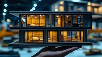 Modern minimalist house model with glass walls illuminated from within, held in palm against blurred urban background at night.