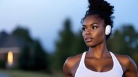 Athletic African American woman with wireless earbuds exercising outdoors during evening twilight wearing white sports bra for fitness and wellness lifestyle.