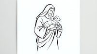 Mother holding newborn baby in tender embrace, minimalist line art drawing isolated on white background for maternal healthcare and parenting designs.