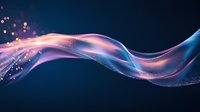 Flowing abstract wave of pink and blue light with glowing particles against dark background, creating ethereal energy effect.