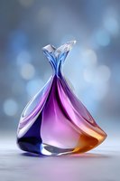 Elegant glass perfume bottle with flowing curves in gradient blue, purple, and amber colors against soft bokeh background.