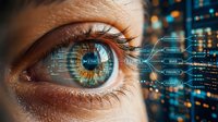 Close-up of a human eye with digital ethics, privacy, bias, and fairness labels overlaid, symbolizing AI surveillance and data ethics concepts.