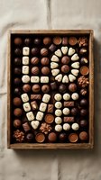 Assorted luxury chocolates in a rustic wooden box, featuring dark, milk, and white pralines, truffles, and caramel bonbons on linen background.