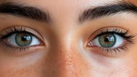 Close-up portrait of young woman with striking green eyes, natural freckles and long eyelashes showcasing natural beauty and skincare concepts.