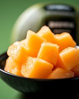 Fresh ripe cantaloupe melon cubes in black bowl against green background, close-up view showing juicy texture and vibrant orange color.