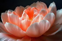 Delicate coral peony flower petals in macro photography showing intricate texture and layers with soft glowing center against dark background.