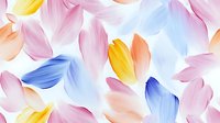 Delicate pastel petals in pink, blue, yellow and peach float gracefully on white background creating soft romantic pattern for fabric, wallpaper and surface design.