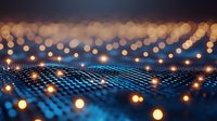 Abstract technology landscape with glowing blue digital grid surface and floating golden bokeh lights creating futuristic atmosphere. Suitable for tech backgrounds.