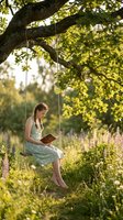 Young woman reading book on tree swing in golden sunlight surrounded by wildflowers and lush green foliage for peaceful outdoor leisure activities.