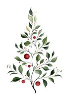 Elegant watercolor botanical illustration of green leaves and red berries forming a tree shape on white background, isolated design for holiday cards and decor.