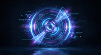 Futuristic holographic interface with glowing blue and purple circular elements, digital data visualization and sci-fi technology concept for modern design.