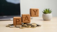 Wooden blocks spelling PAY stacked with coins scattered below, potted succulent and laptop in background, representing financial growth, savings, and business investment concepts.