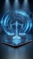 Digital justice scales hologram emerging from tablet with futuristic interface circles and glowing blue light effects for legal technology concepts.