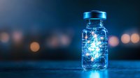 Glowing blue magical particles trapped in glass bottle against dark background with bokeh lights, creating mystical laboratory atmosphere.