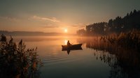 Silhouette of person fishing in boat on misty lake at sunrise, golden light reflecting on calm water surrounded by pine forest and reeds.