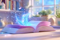 Open book with magical glowing blue moon emerging from pages, surrounded by sparkles and stars in cozy window setting with soft pink and purple hues.
