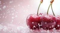 Fresh ripe red cherries with water drops and splashes on light background, macro shot with selective focus and bokeh effect for food design.