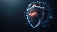 Digital shield with glowing network connections and particles on dark background, representing cybersecurity and digital protection technology for data defense.