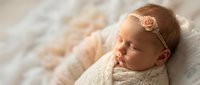 Peaceful newborn baby girl sleeping wrapped in soft cream knit blanket wearing delicate floral headband in warm natural light for maternity photography.