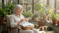 Senior woman with white hair, Caucasian ethnicity, sitting in sunlit greenhouse surrounded by potted plants, folding laundry in wicker basket with cat resting nearby.