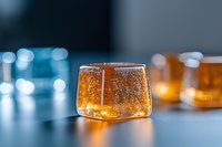 Sparkling amber liquid in geometric glass with bokeh lights and blurred bottles on reflective surface, suitable for beverage, luxury, and product photography.
