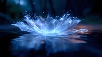 Glowing blue lotus flower on dark water surface with magical sparkles and light effects, creating mystical atmosphere for spiritual and wellness designs.