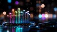 Glowing test tubes with colorful liquid creating vibrant reflections against dark background with bokeh lights, showcasing scientific research and laboratory experimentation.