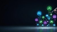 Digital technology icons floating above glowing surface with network connections on dark blue background for business presentations and tech concepts.