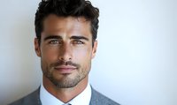 Professional Hispanic male model with groomed facial hair wearing grey suit and white shirt against light background, confident smile and direct gaze.