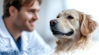 Young Caucasian man and golden retriever share tender moment against light background. Gentle smile on dog's face shows deep bond between pet and owner. Soft focus and frosty effect.