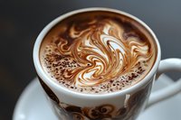 Artistically swirled milk foam creates elegant latte art pattern on cappuccino surface with rich brown and white contrasts against dark espresso background.