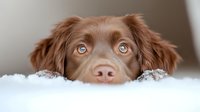 Adorable brown spaniel dog with expressive amber eyes resting chin on soft white blanket, creating heartwarming pet portrait for animal lovers.