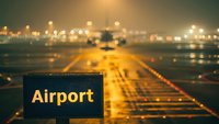 Airport runway at night with glowing yellow lights and illuminated signage in foggy conditions creating atmospheric aviation scene with bokeh effect in background.