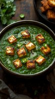Green spinach soup garnished with crispy pan-fried paneer cheese cubes and sliced green chilies served in rustic ceramic bowl on dark wooden surface.