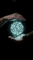 Hands protecting glowing sphere with microorganisms and bacteria symbols representing healthcare protection and medical safety concepts.