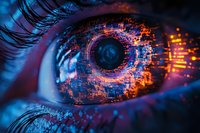 Digital transformation concept shown through close up of eye with futuristic circuit pattern overlay in blue and orange colors representing artificial intelligence.