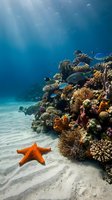 Vibrant coral reef ecosystem with orange starfish on sandy ocean floor, sunlight rays penetrating clear blue water, tropical marine life and colorful corals.